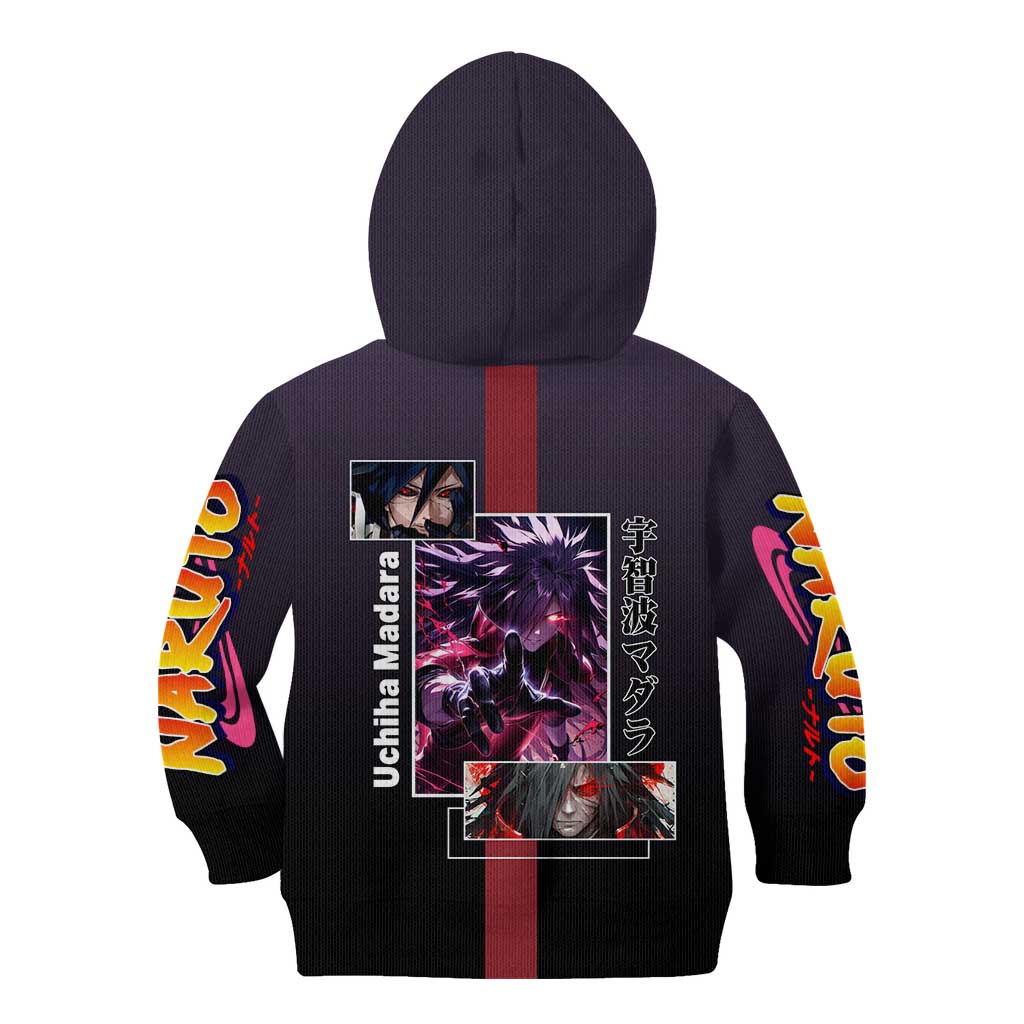 Madara Uchiha Naruto Kid Hoodie with Sharingan Eyes and Powerful Battle Pose Design - The Mazicc