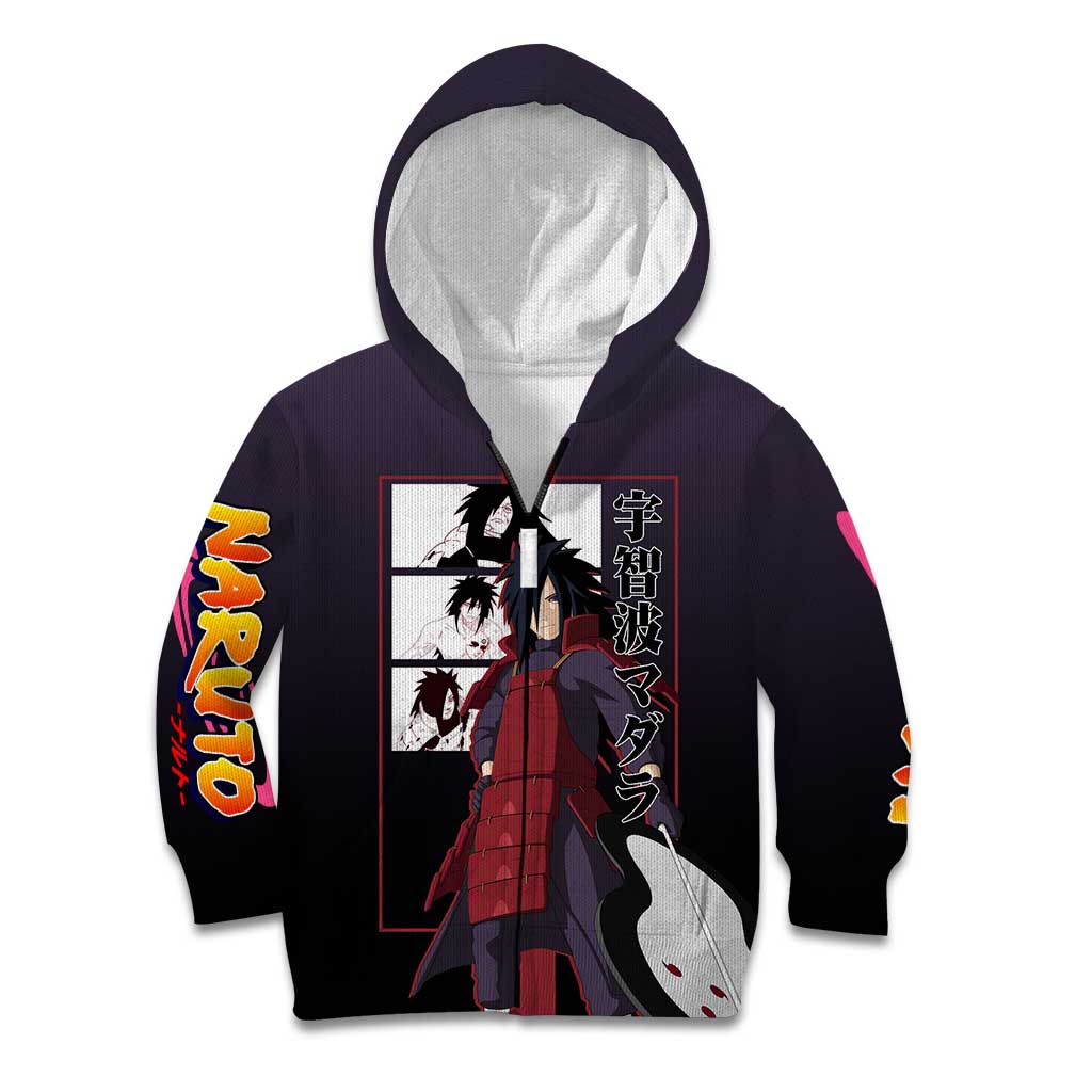 Madara Uchiha Naruto Kid Hoodie with Sharingan Eyes and Powerful Battle Pose Design - The Mazicc