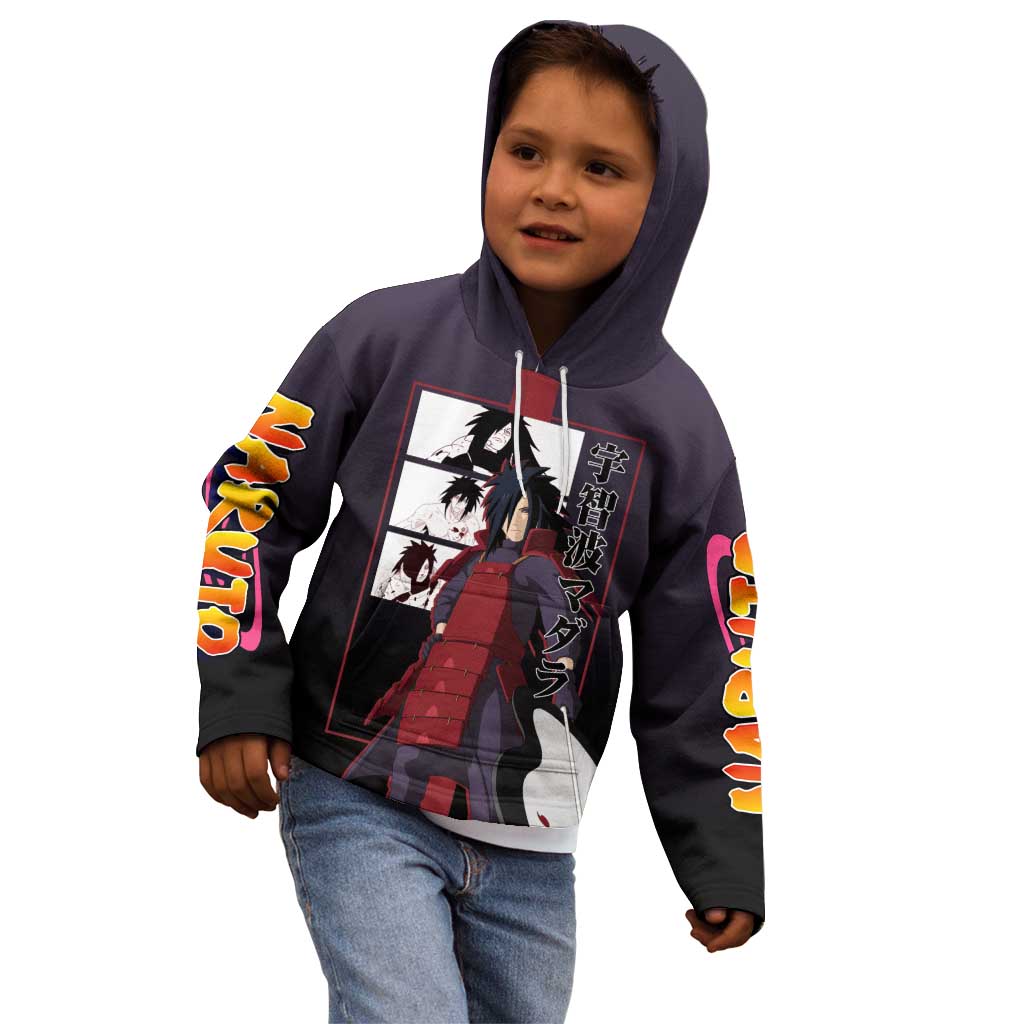 Madara Uchiha Naruto Kid Hoodie with Sharingan Eyes and Powerful Battle Pose Design - The Mazicc