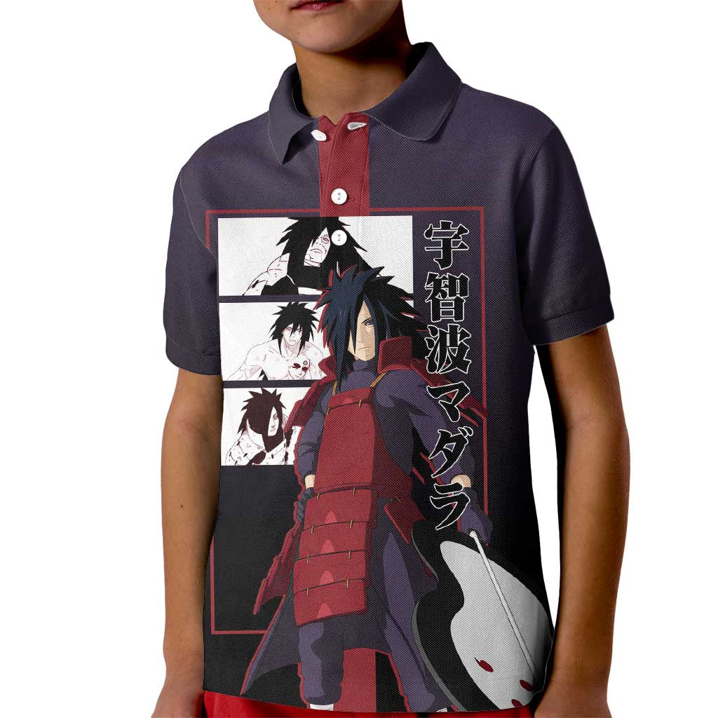 Madara Uchiha Naruto Kid Polo Shirt with Sharingan Eyes and Powerful Battle Pose Design - The Mazicc