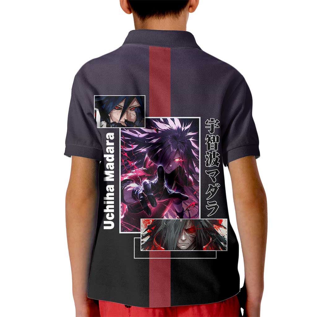 Madara Uchiha Naruto Kid Polo Shirt with Sharingan Eyes and Powerful Battle Pose Design - The Mazicc