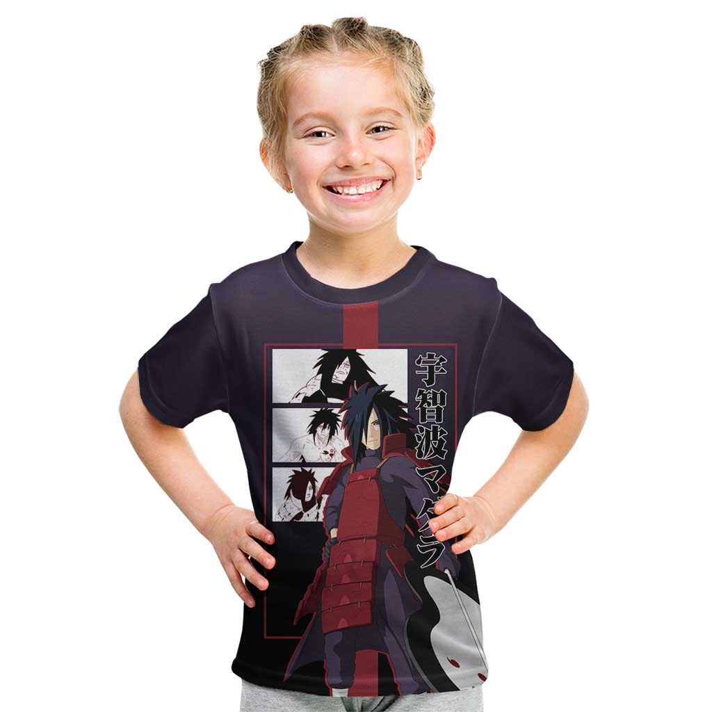 Madara Uchiha Naruto Kid T Shirt with Sharingan Eyes and Powerful Battle Pose Design - The Mazicc