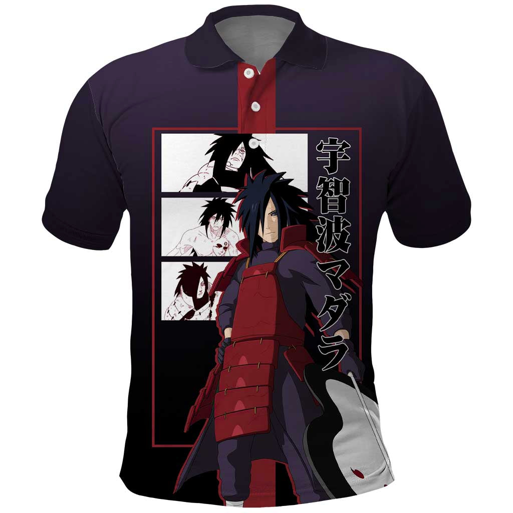 Madara Uchiha Naruto Polo Shirt with Sharingan Eyes and Powerful Battle Pose Design - The Mazicc