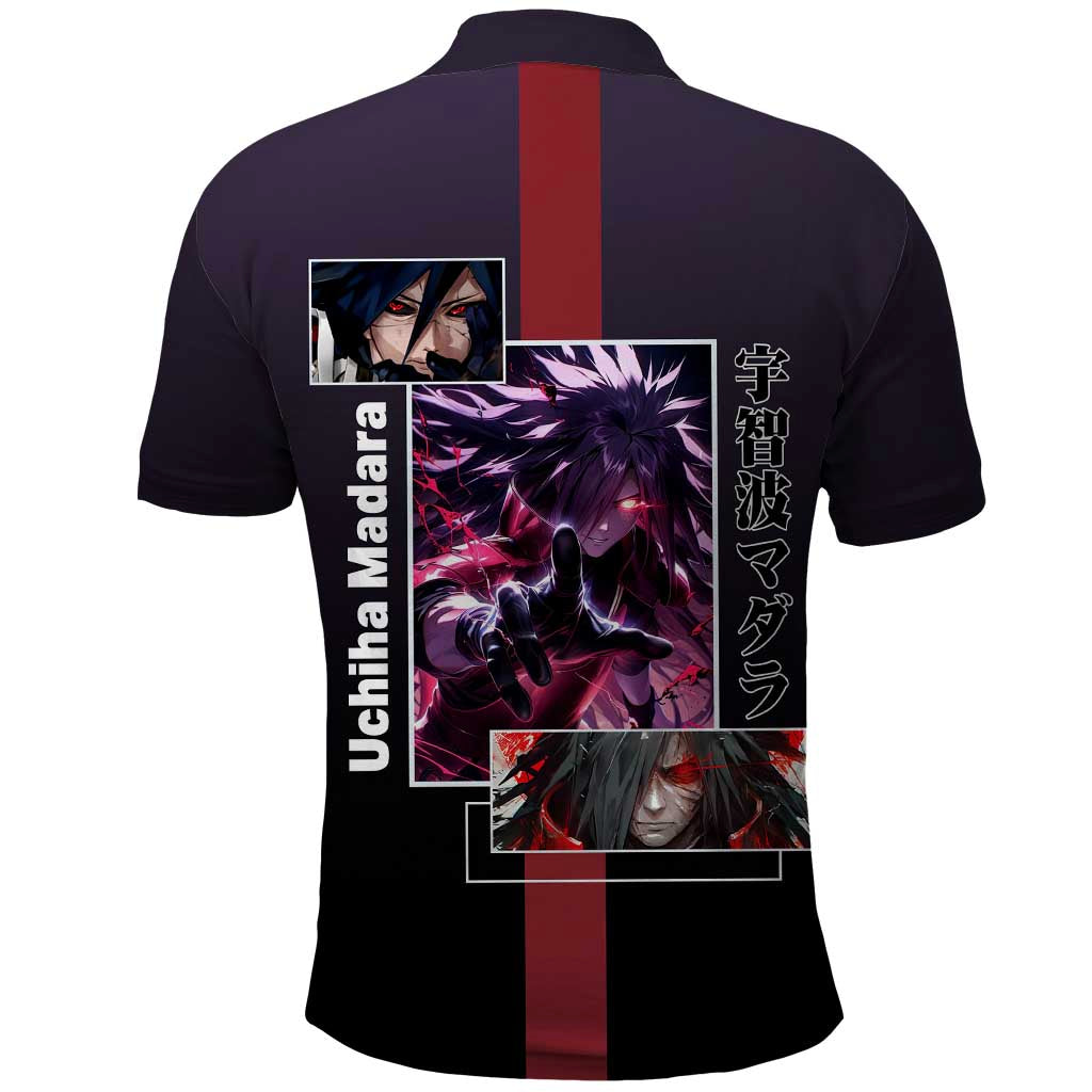 Madara Uchiha Naruto Polo Shirt with Sharingan Eyes and Powerful Battle Pose Design - The Mazicc