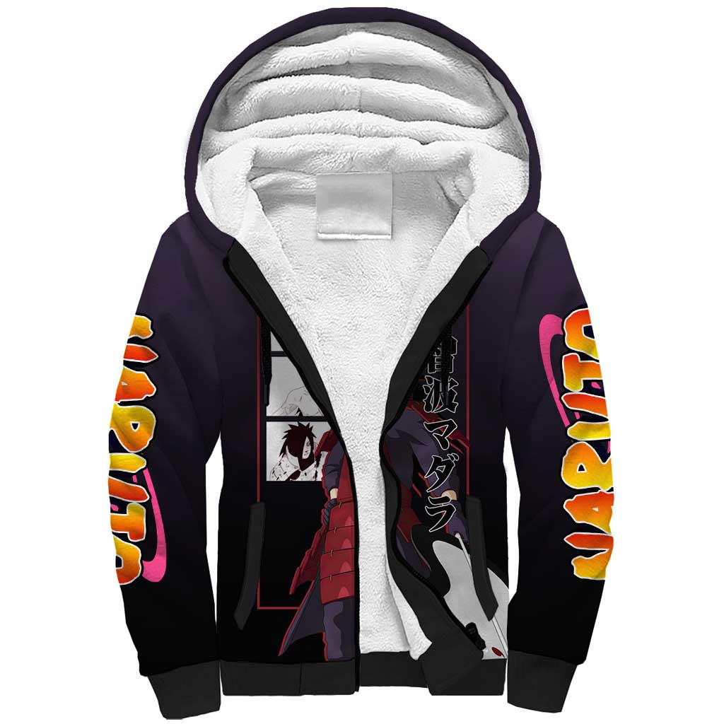 Madara Uchiha Naruto Sherpa Hoodie with Sharingan Eyes and Powerful Battle Pose Design - The Mazicc