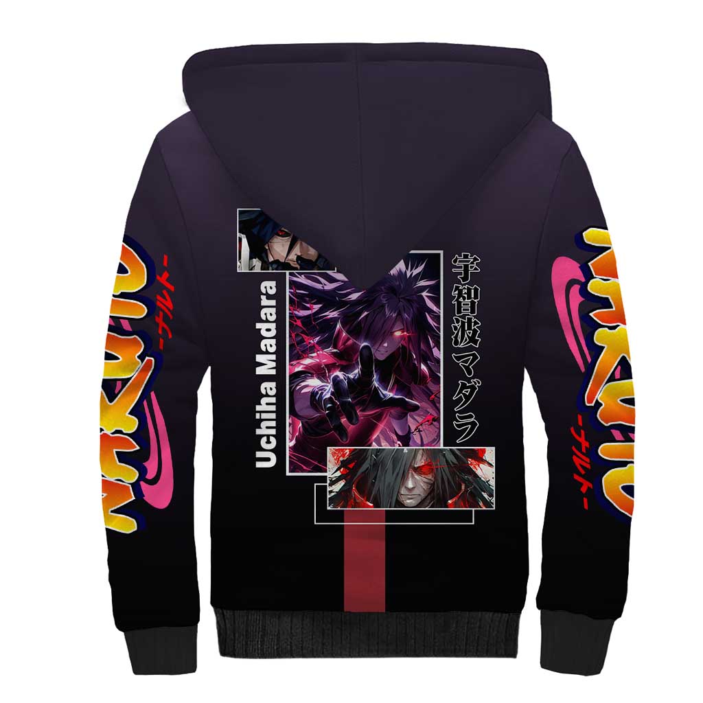 Madara Uchiha Naruto Sherpa Hoodie with Sharingan Eyes and Powerful Battle Pose Design - The Mazicc