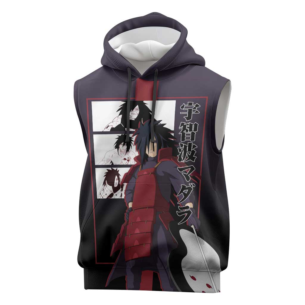 Madara Uchiha Naruto Sleeveless Hoodie with Sharingan Eyes and Powerful Battle Pose Design - The Mazicc