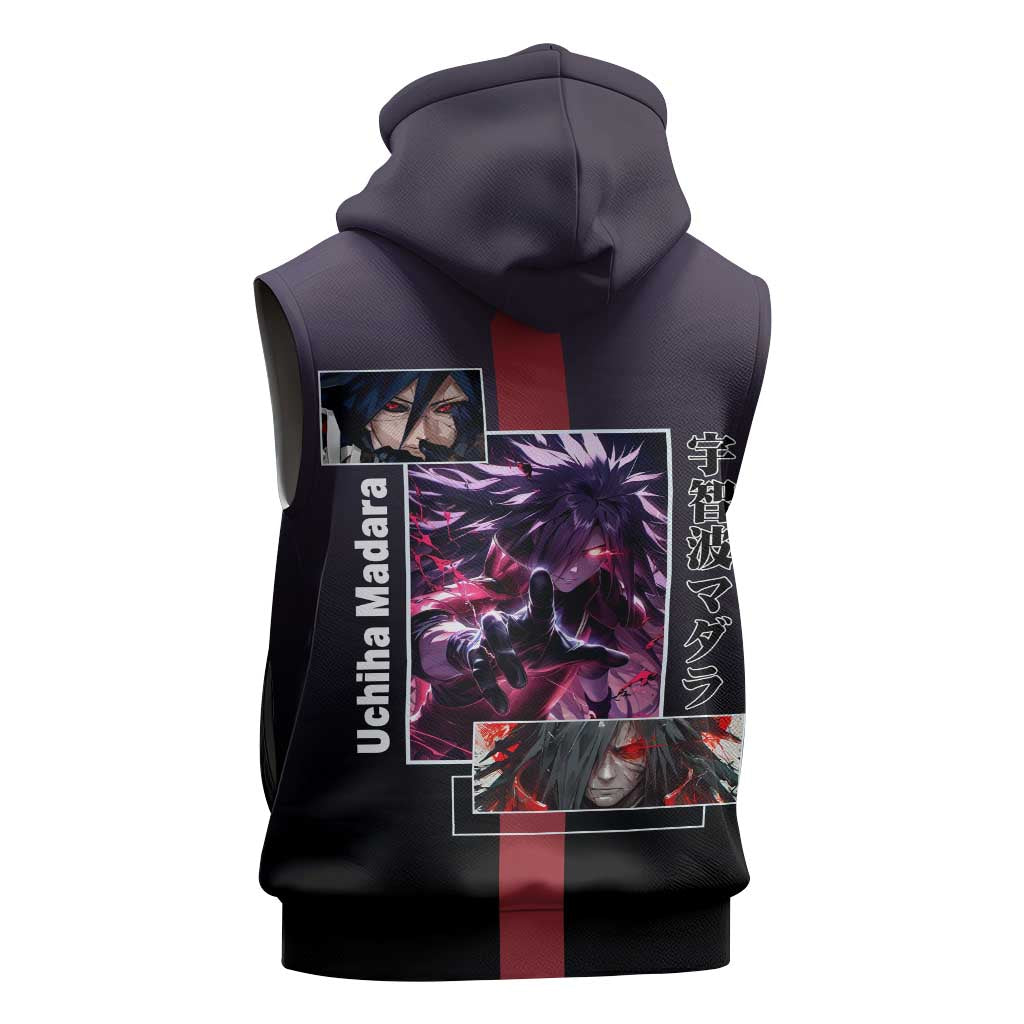 Madara Uchiha Naruto Sleeveless Hoodie with Sharingan Eyes and Powerful Battle Pose Design - The Mazicc