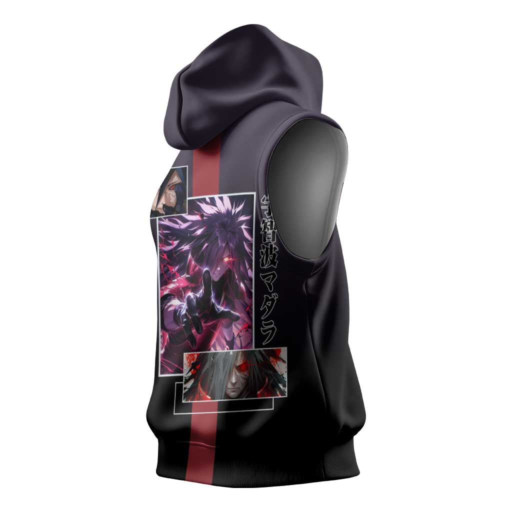 Madara Uchiha Naruto Sleeveless Hoodie with Sharingan Eyes and Powerful Battle Pose Design - The Mazicc