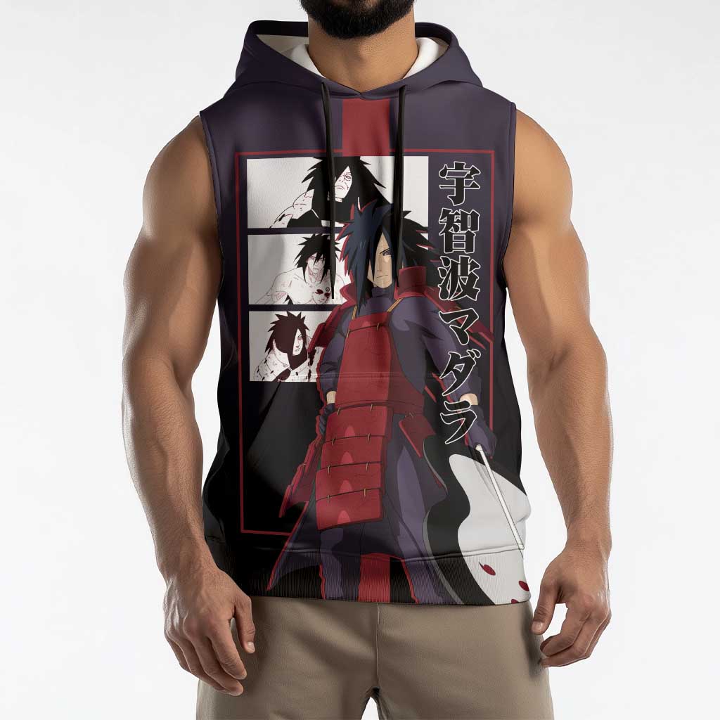 Madara Uchiha Naruto Sleeveless Hoodie with Sharingan Eyes and Powerful Battle Pose Design - The Mazicc