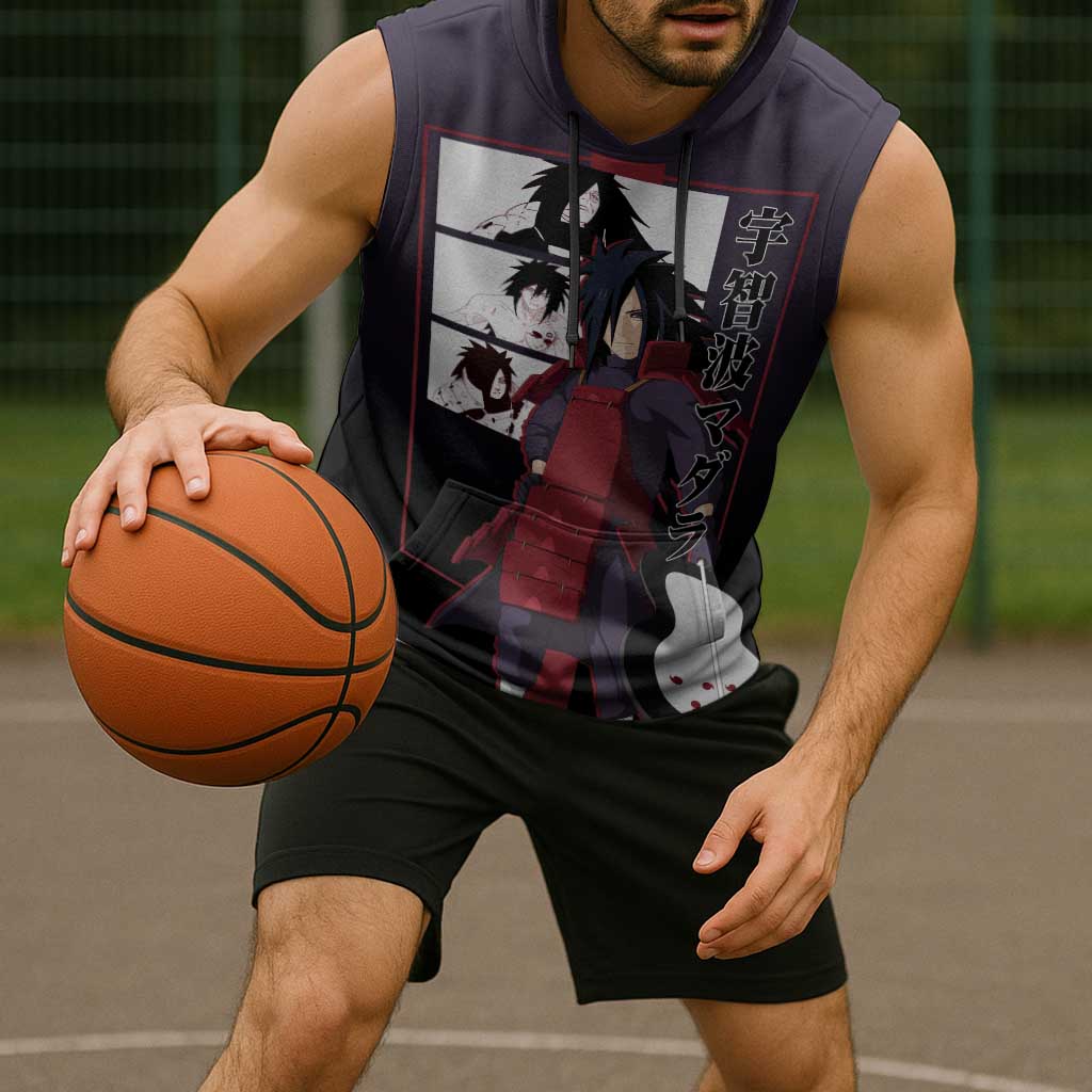 Madara Uchiha Naruto Sleeveless Hoodie with Sharingan Eyes and Powerful Battle Pose Design - The Mazicc