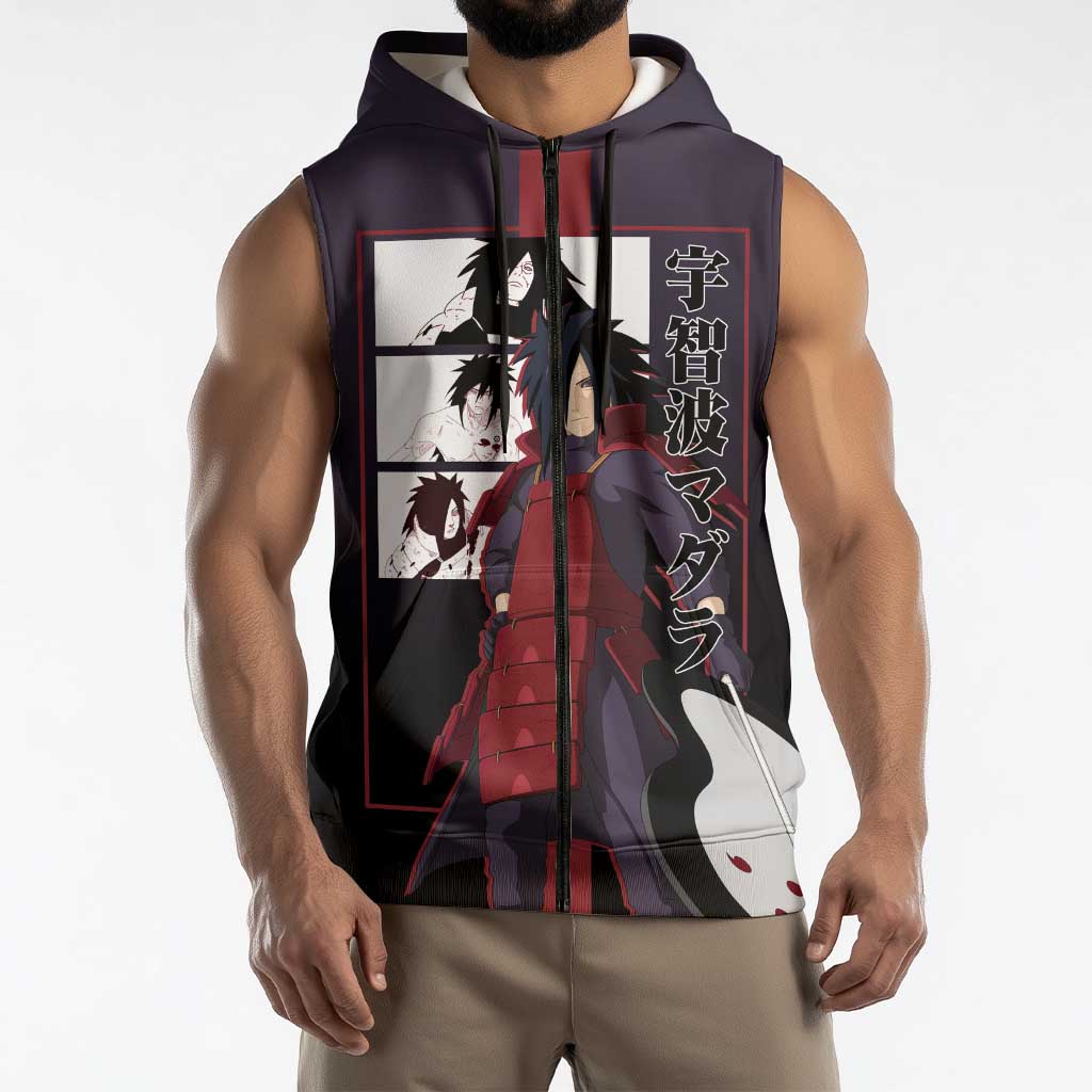 Madara Uchiha Naruto Sleeveless Zip Hoodie with Sharingan Eyes and Powerful Battle Pose Design - The Mazicc