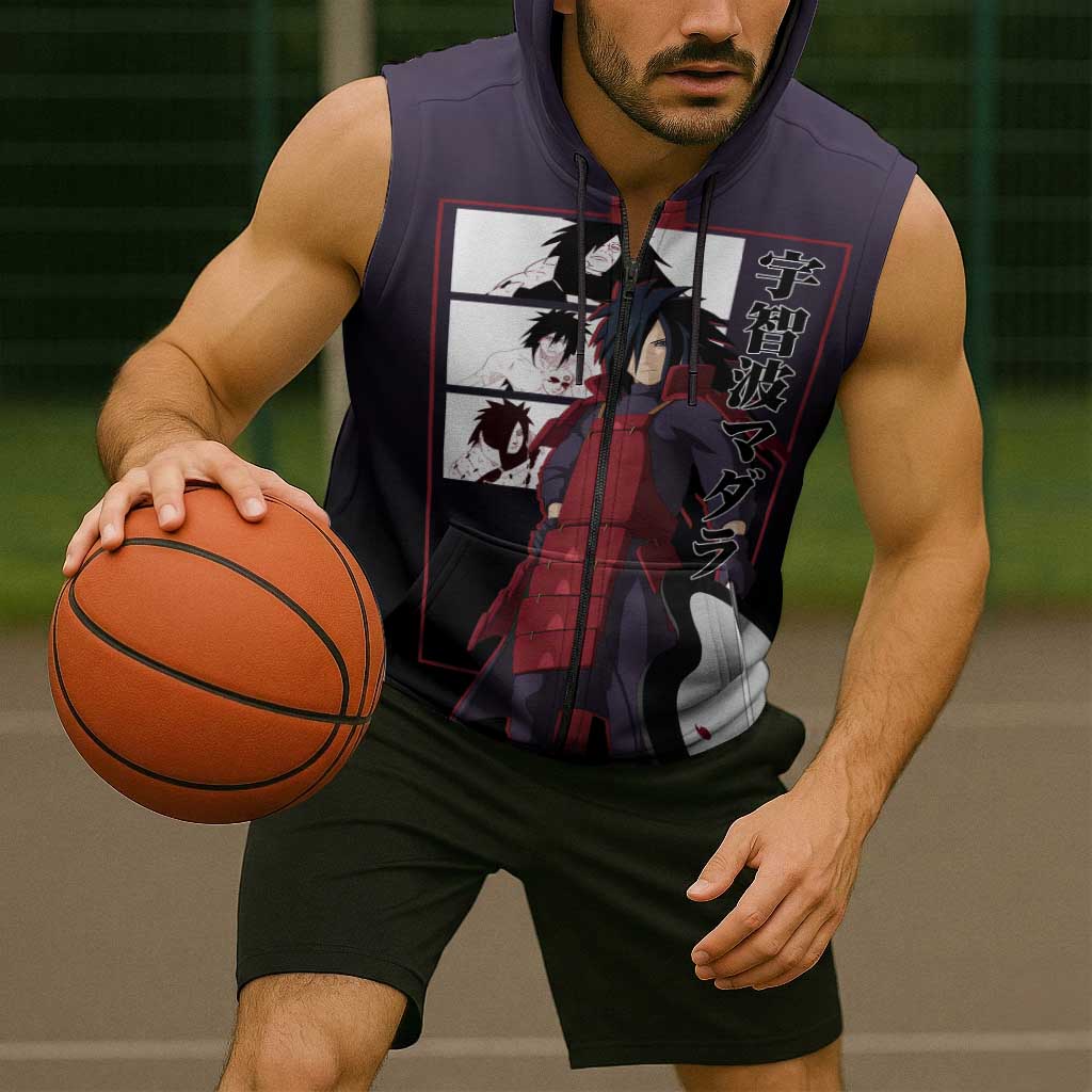 Madara Uchiha Naruto Sleeveless Zip Hoodie with Sharingan Eyes and Powerful Battle Pose Design - The Mazicc