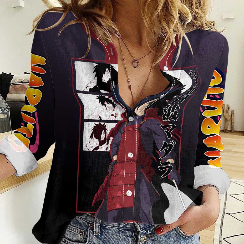 Madara Uchiha Naruto Women Casual Shirt with Sharingan Eyes and Powerful Battle Pose Design - The Mazicc