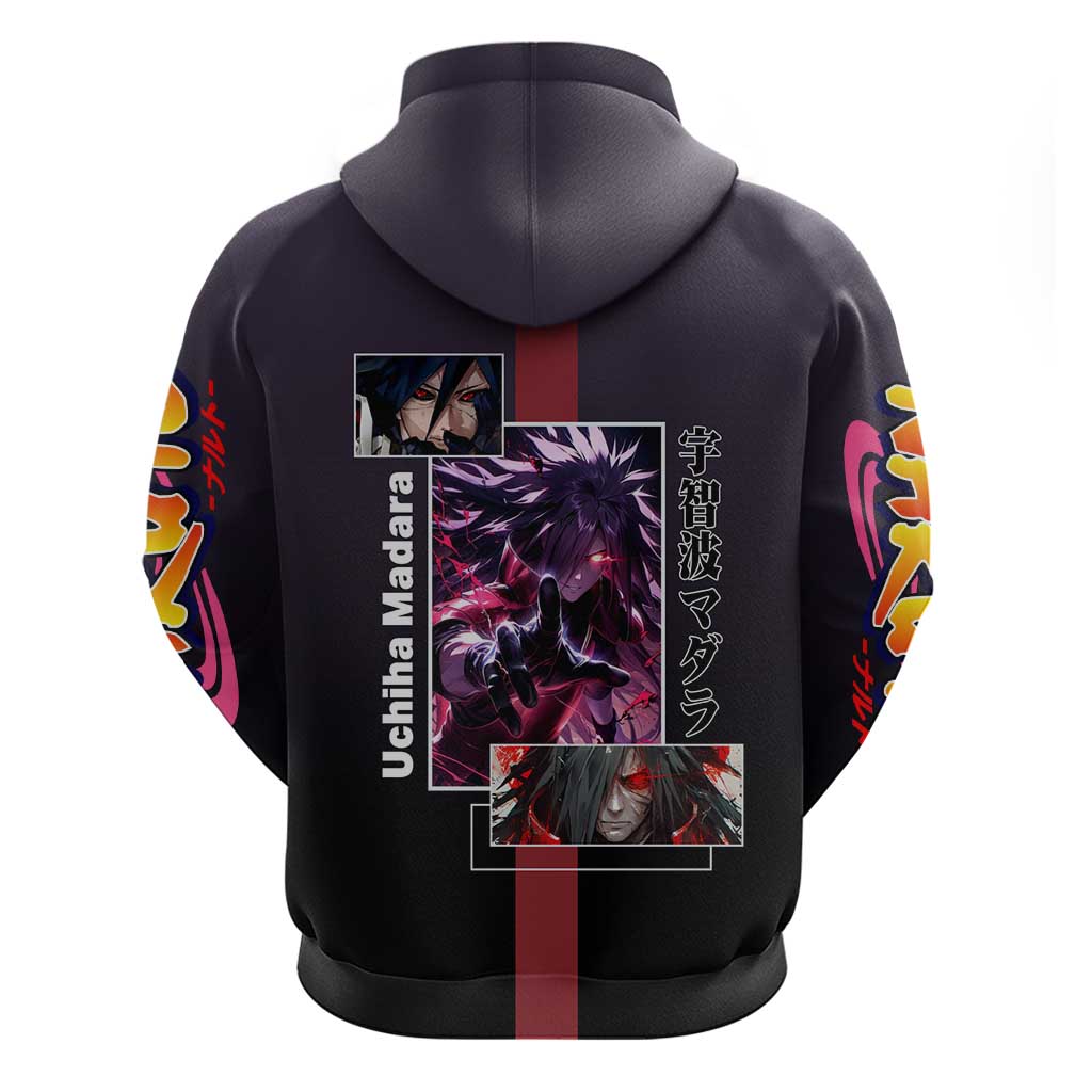Madara Uchiha Naruto Zip Hoodie with Sharingan Eyes and Powerful Battle Pose Design - The Mazicc