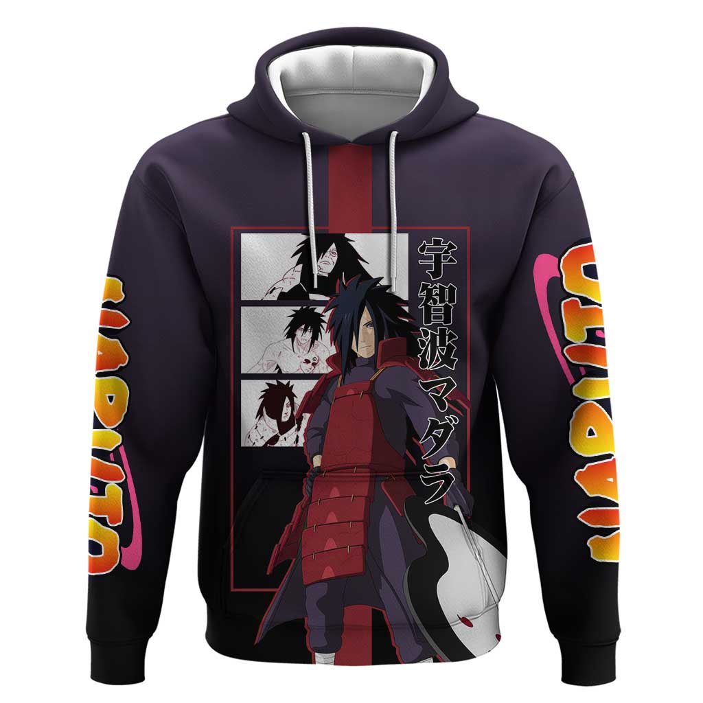 Madara Uchiha Naruto Zip Hoodie with Sharingan Eyes and Powerful Battle Pose Design - The Mazicc
