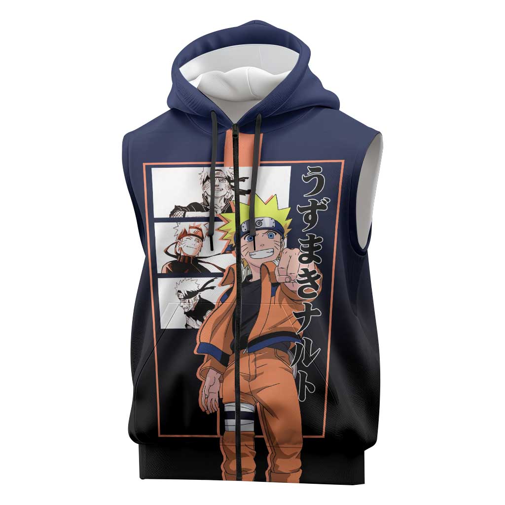Naruto Uzumaki Naruto Sleeveless Zip Hoodie with Rasengan and Energetic Ninja Pose Design - The Mazicc