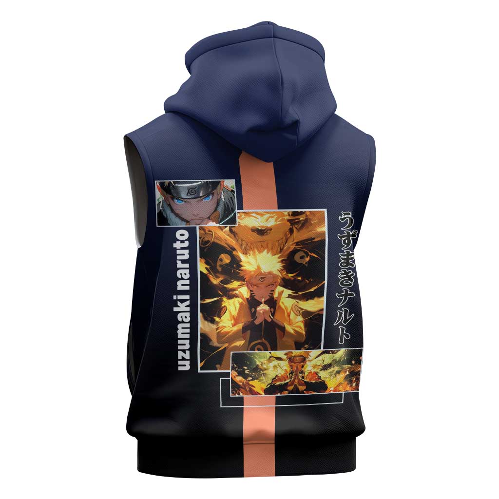 Naruto Uzumaki Naruto Sleeveless Zip Hoodie with Rasengan and Energetic Ninja Pose Design - The Mazicc