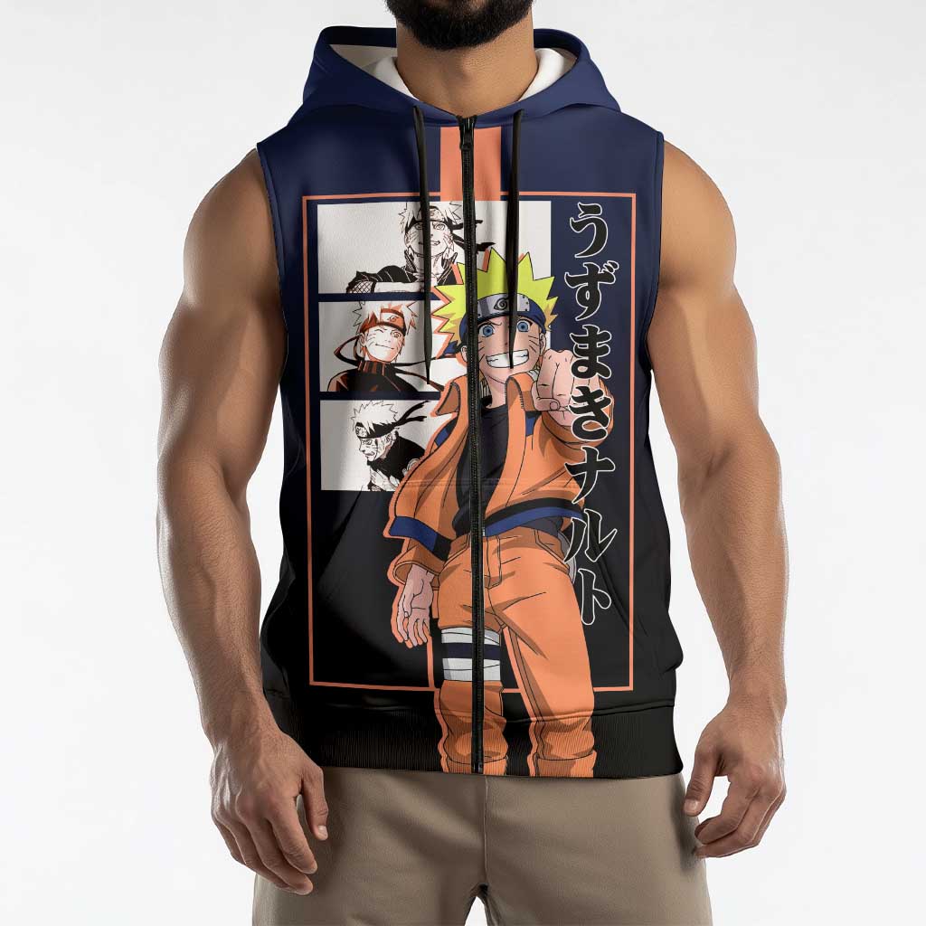 Naruto Uzumaki Naruto Sleeveless Zip Hoodie with Rasengan and Energetic Ninja Pose Design - The Mazicc