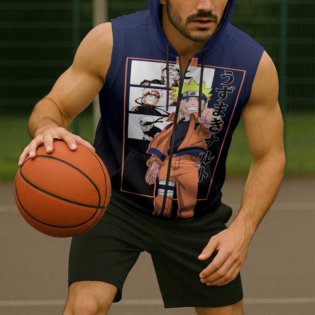 Naruto Uzumaki Naruto Sleeveless Zip Hoodie with Rasengan and Energetic Ninja Pose Design - The Mazicc