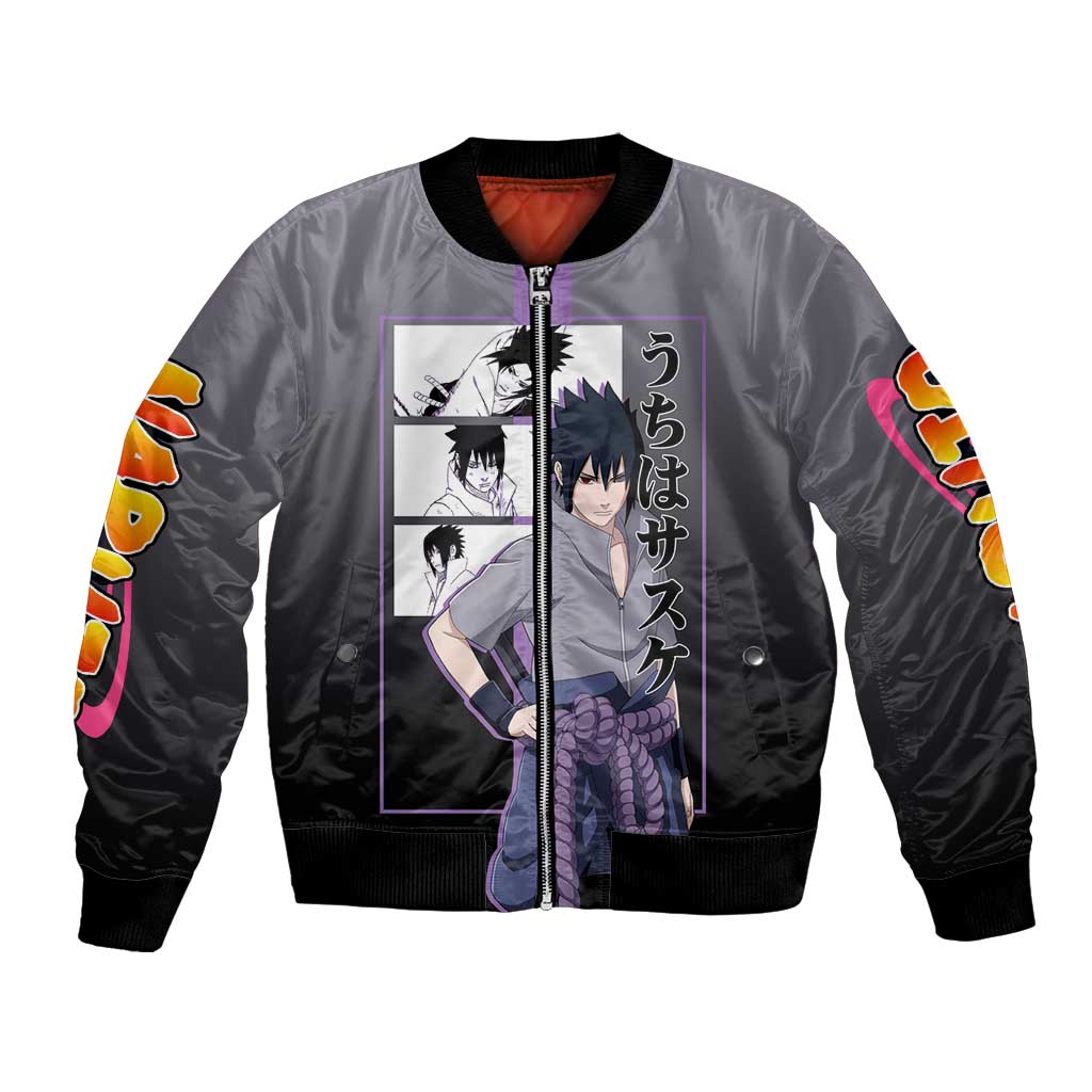 Sasuke Uchiha Naruto Bomber Jacket with Chidori and Intense Battle Pose Design - The Mazicc