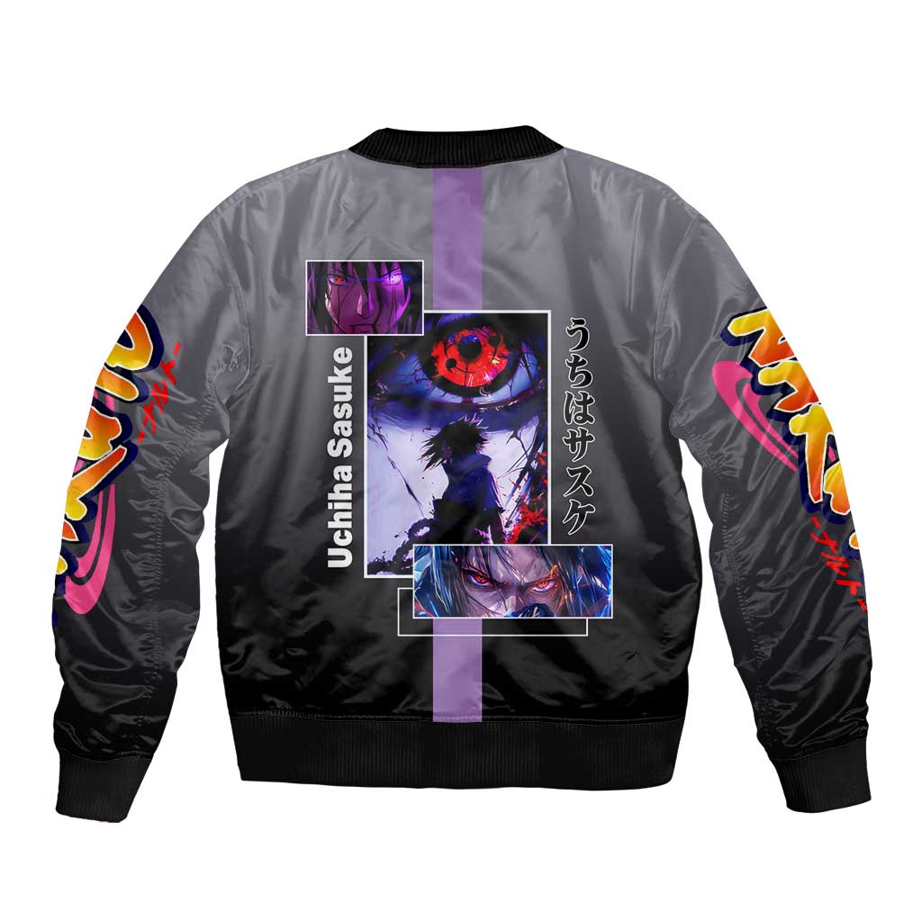 Sasuke Uchiha Naruto Bomber Jacket with Chidori and Intense Battle Pose Design - The Mazicc