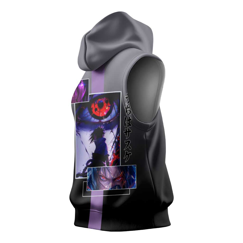 Sasuke Uchiha Naruto Sleeveless Hoodie with Chidori and Intense Battle Pose Design - The Mazicc