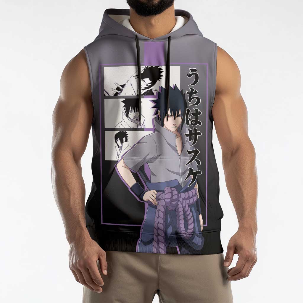 Sasuke Uchiha Naruto Sleeveless Hoodie with Chidori and Intense Battle Pose Design - The Mazicc