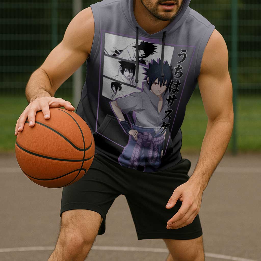 Sasuke Uchiha Naruto Sleeveless Hoodie with Chidori and Intense Battle Pose Design - The Mazicc