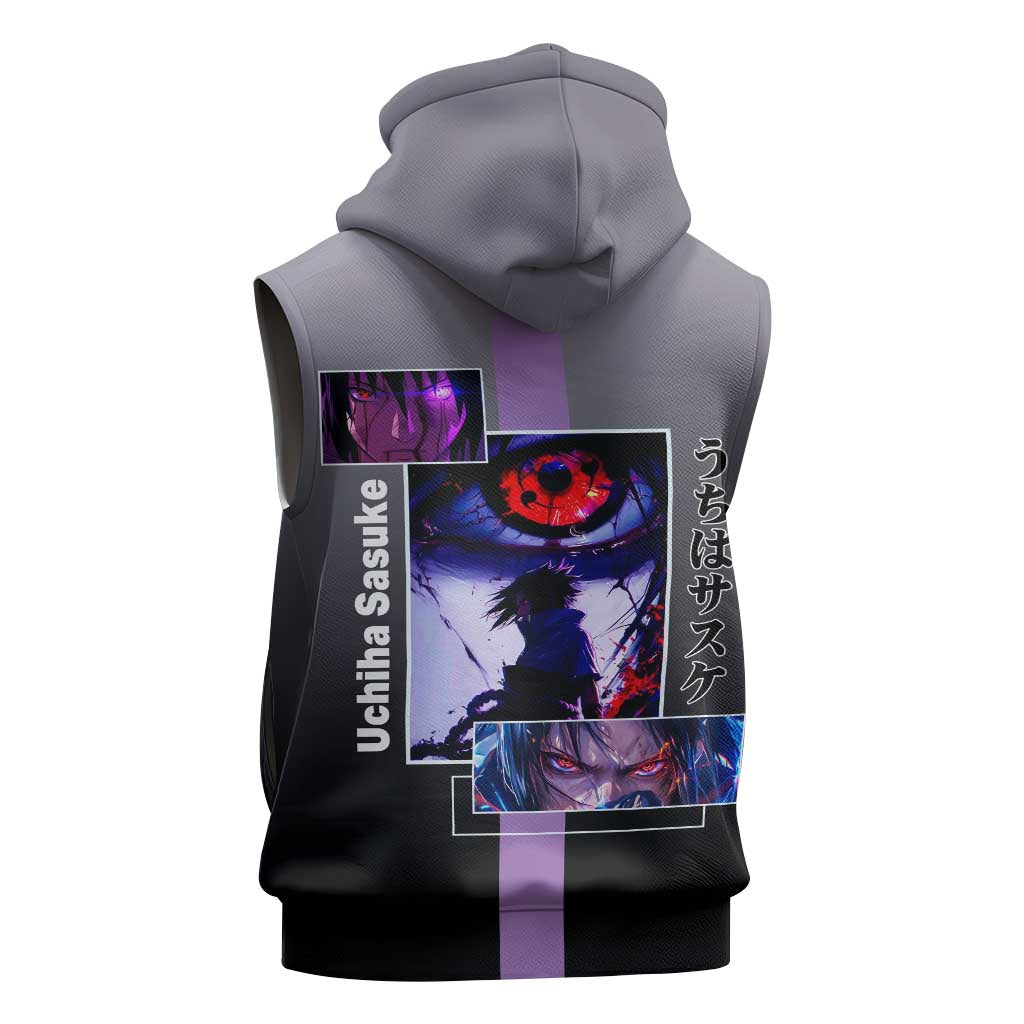 Sasuke Uchiha Naruto Sleeveless Zip Hoodie with Chidori and Intense Battle Pose Design - The Mazicc