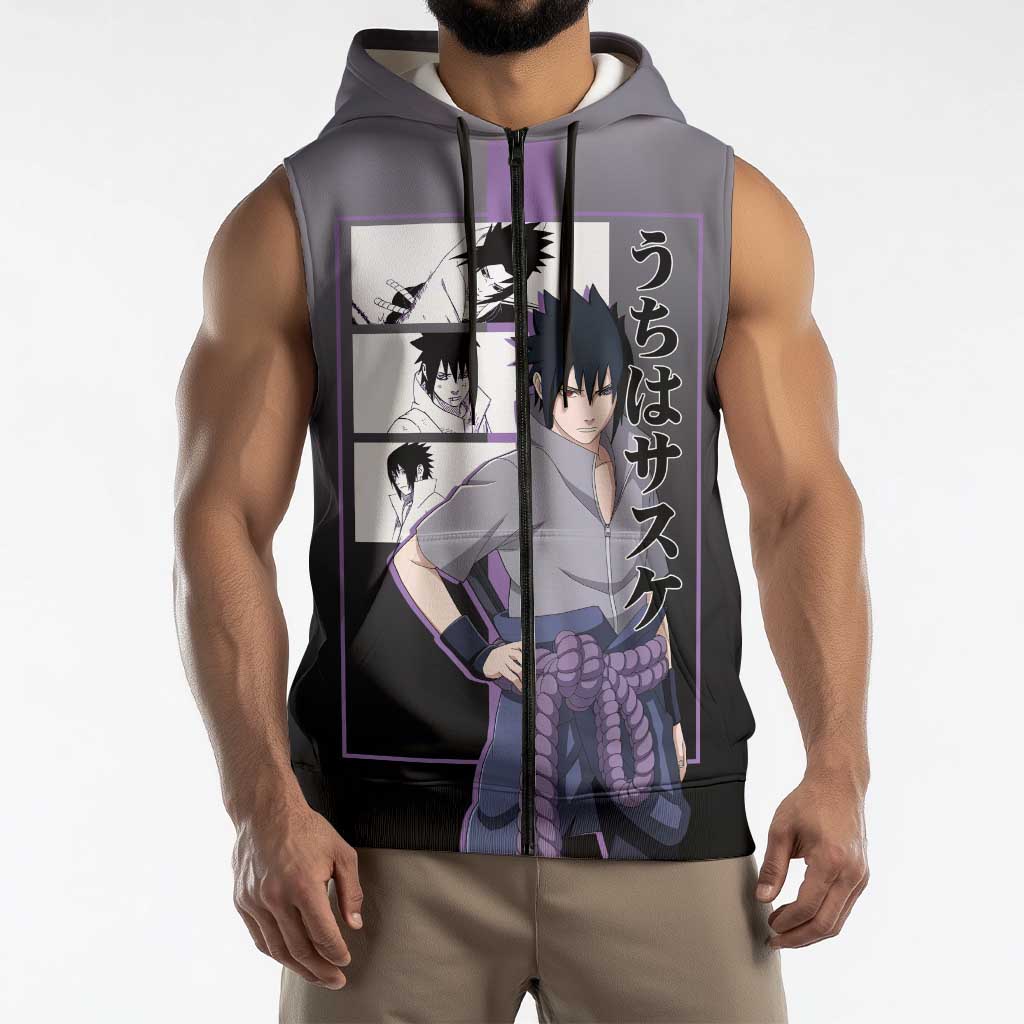 Sasuke Uchiha Naruto Sleeveless Zip Hoodie with Chidori and Intense Battle Pose Design - The Mazicc