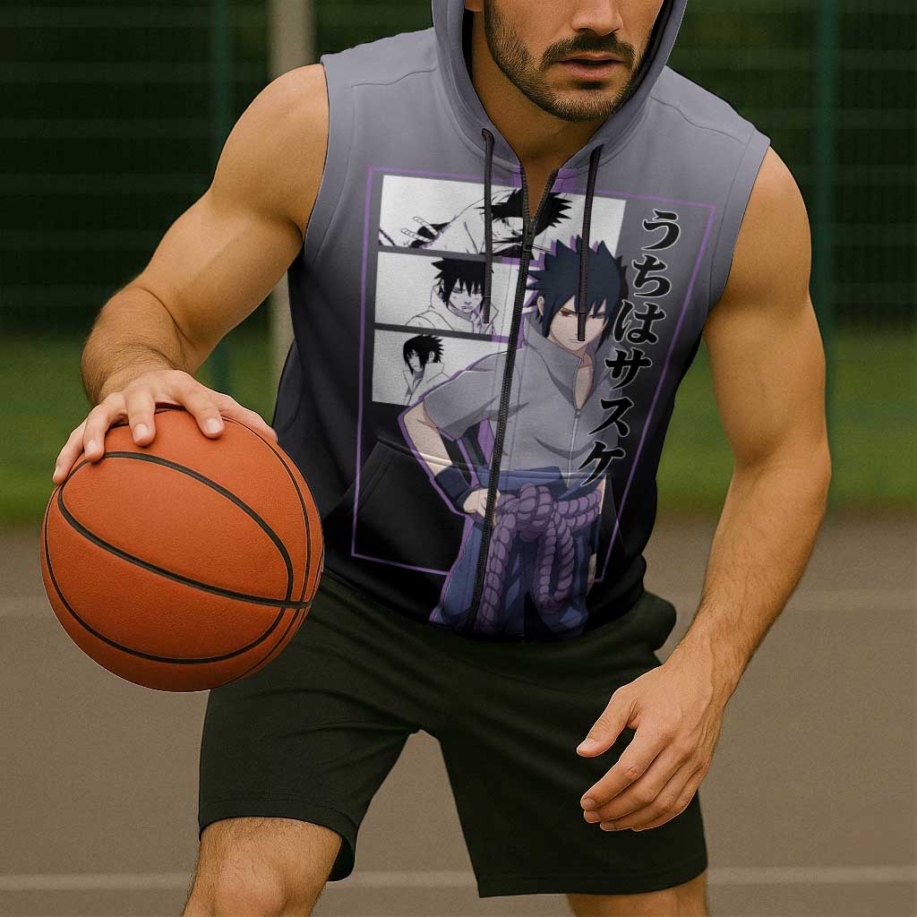 Sasuke Uchiha Naruto Sleeveless Zip Hoodie with Chidori and Intense Battle Pose Design - The Mazicc