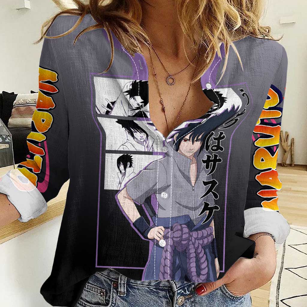 Sasuke Uchiha Naruto Women Casual Shirt with Chidori and Intense Battle Pose Design - The Mazicc