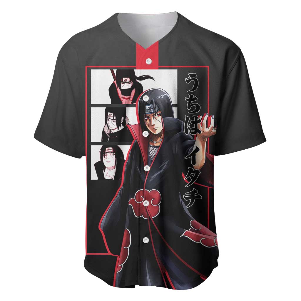 Itachi Uchiha Naruto Baseball Jersey with Sharingan Eyes and Mysterious Ninja Pose Design - The Mazicc