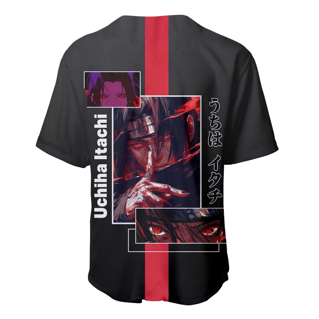 Itachi Uchiha Naruto Baseball Jersey with Sharingan Eyes and Mysterious Ninja Pose Design - The Mazicc