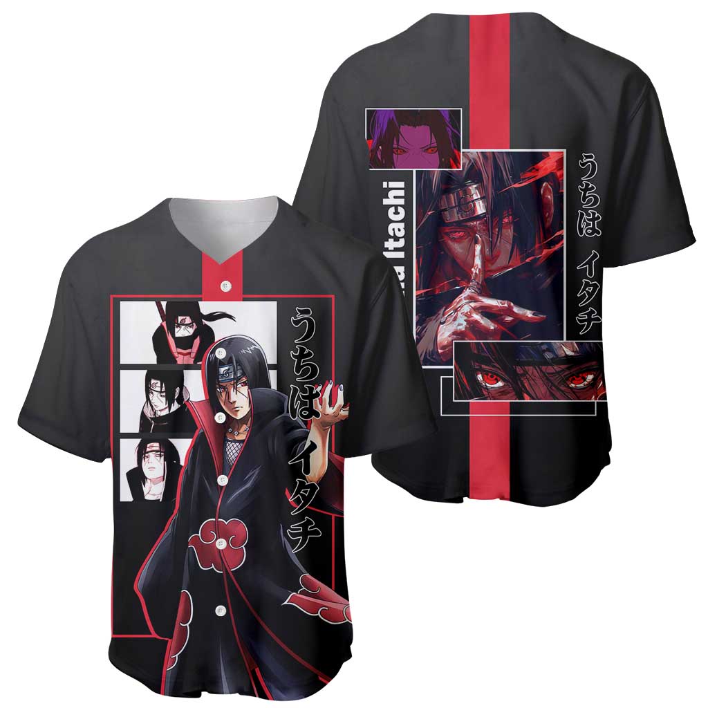 Itachi Uchiha Naruto Baseball Jersey with Sharingan Eyes and Mysterious Ninja Pose Design - The Mazicc