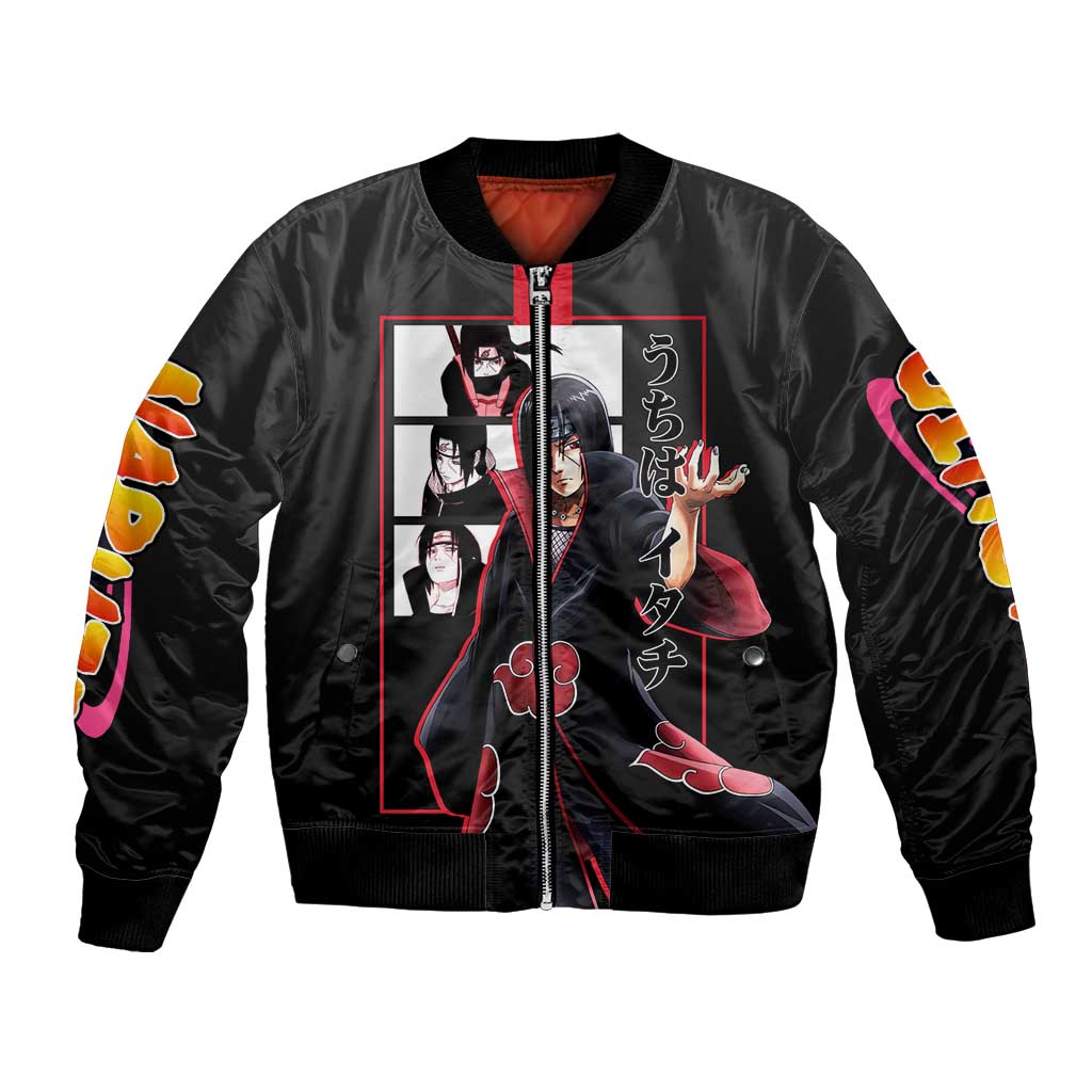 Itachi Uchiha Naruto Bomber Jacket with Sharingan Eyes and Mysterious Ninja Pose Design - The Mazicc