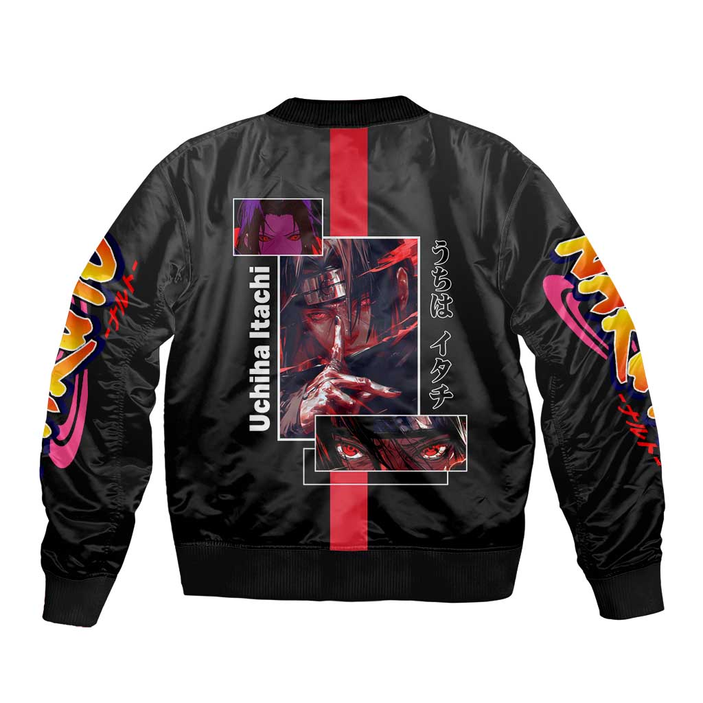 Itachi Uchiha Naruto Bomber Jacket with Sharingan Eyes and Mysterious Ninja Pose Design - The Mazicc