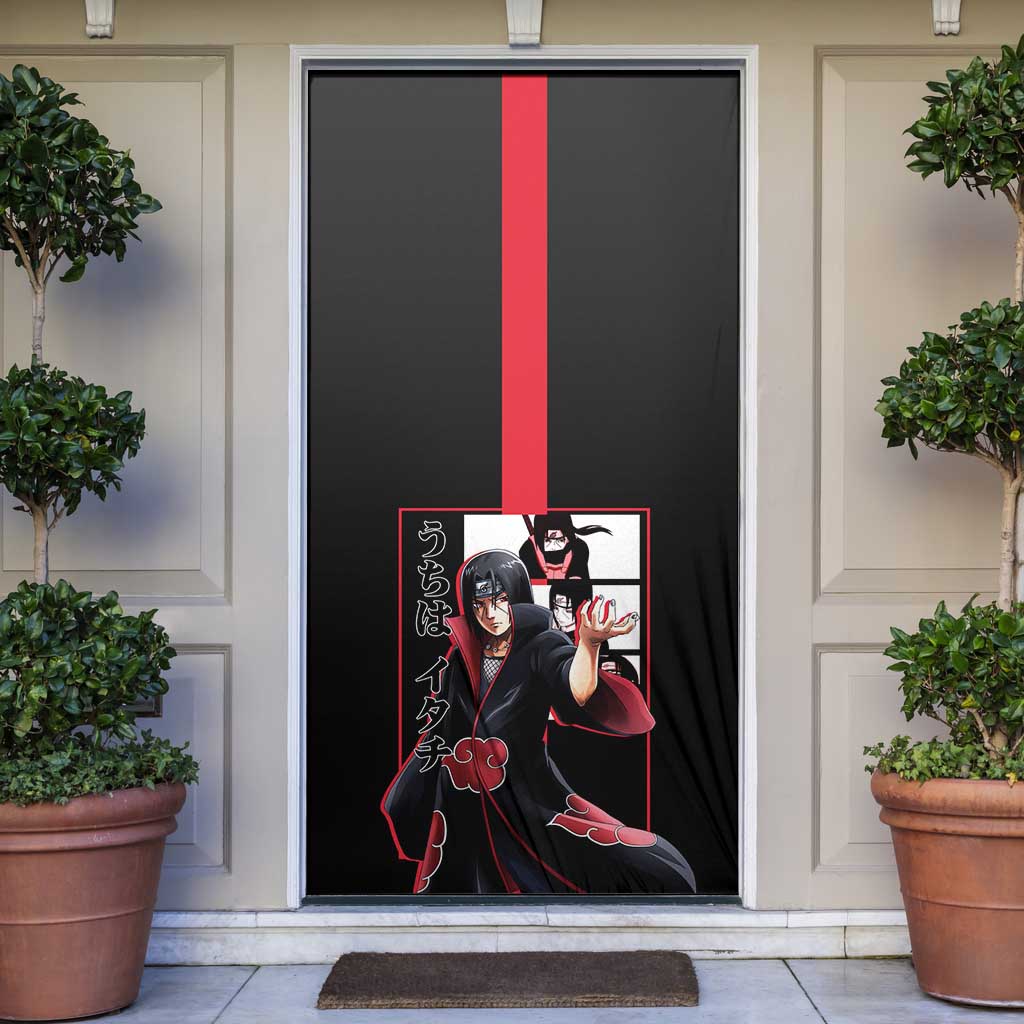 Itachi Uchiha Naruto Door Cover with Sharingan Eyes and Mysterious Ninja Pose Design - The Mazicc