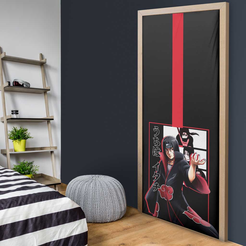 Itachi Uchiha Naruto Door Cover with Sharingan Eyes and Mysterious Ninja Pose Design - The Mazicc