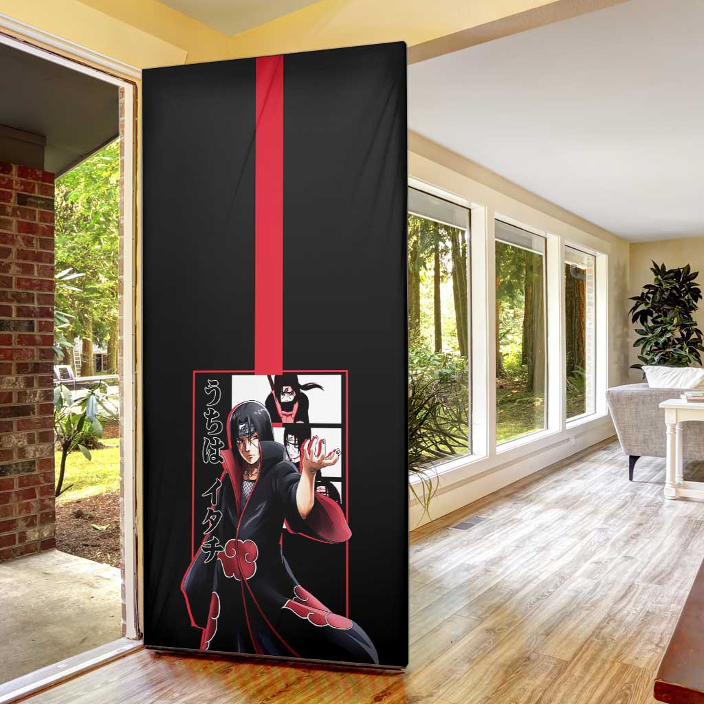 Itachi Uchiha Naruto Door Cover with Sharingan Eyes and Mysterious Ninja Pose Design - The Mazicc