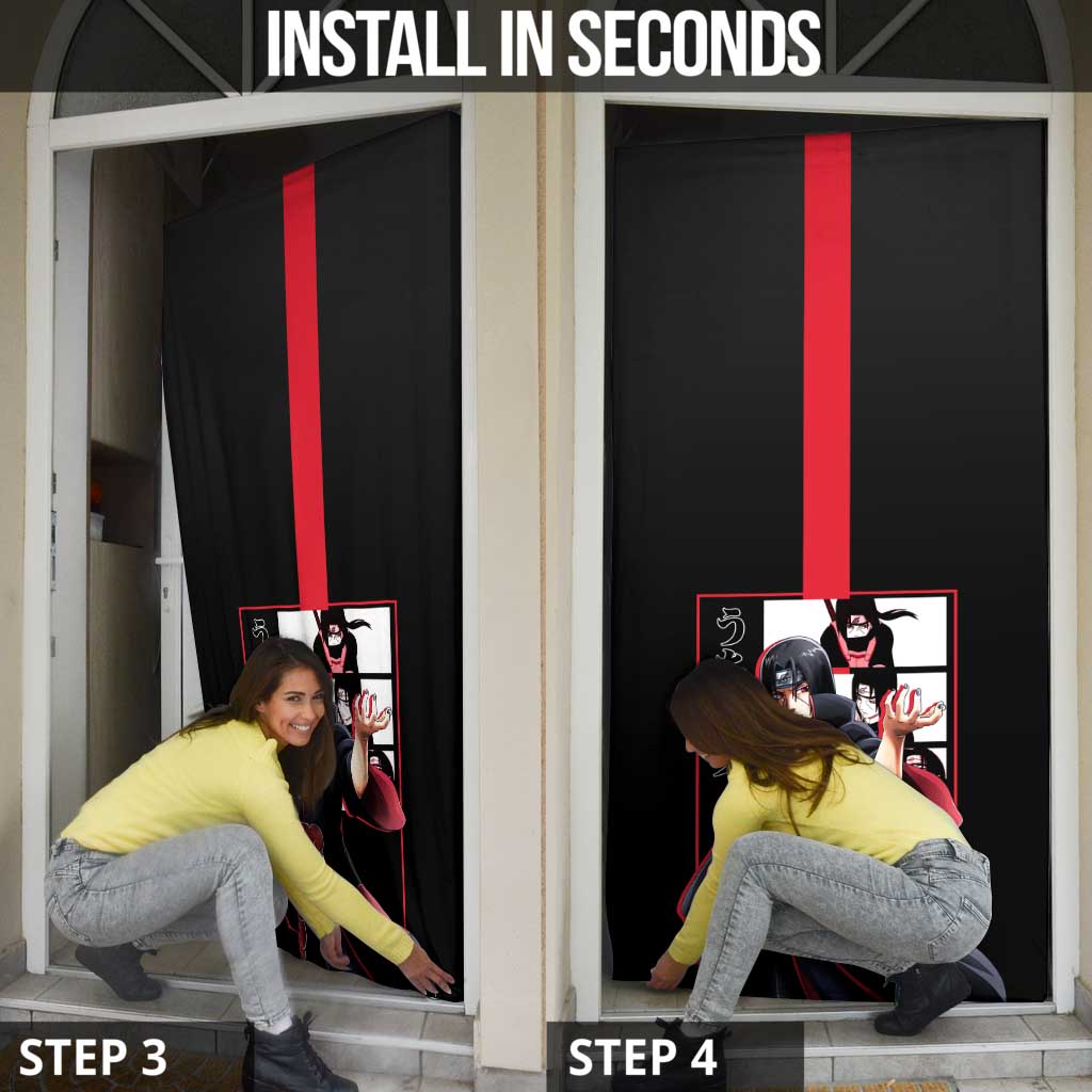 Itachi Uchiha Naruto Door Cover with Sharingan Eyes and Mysterious Ninja Pose Design - The Mazicc