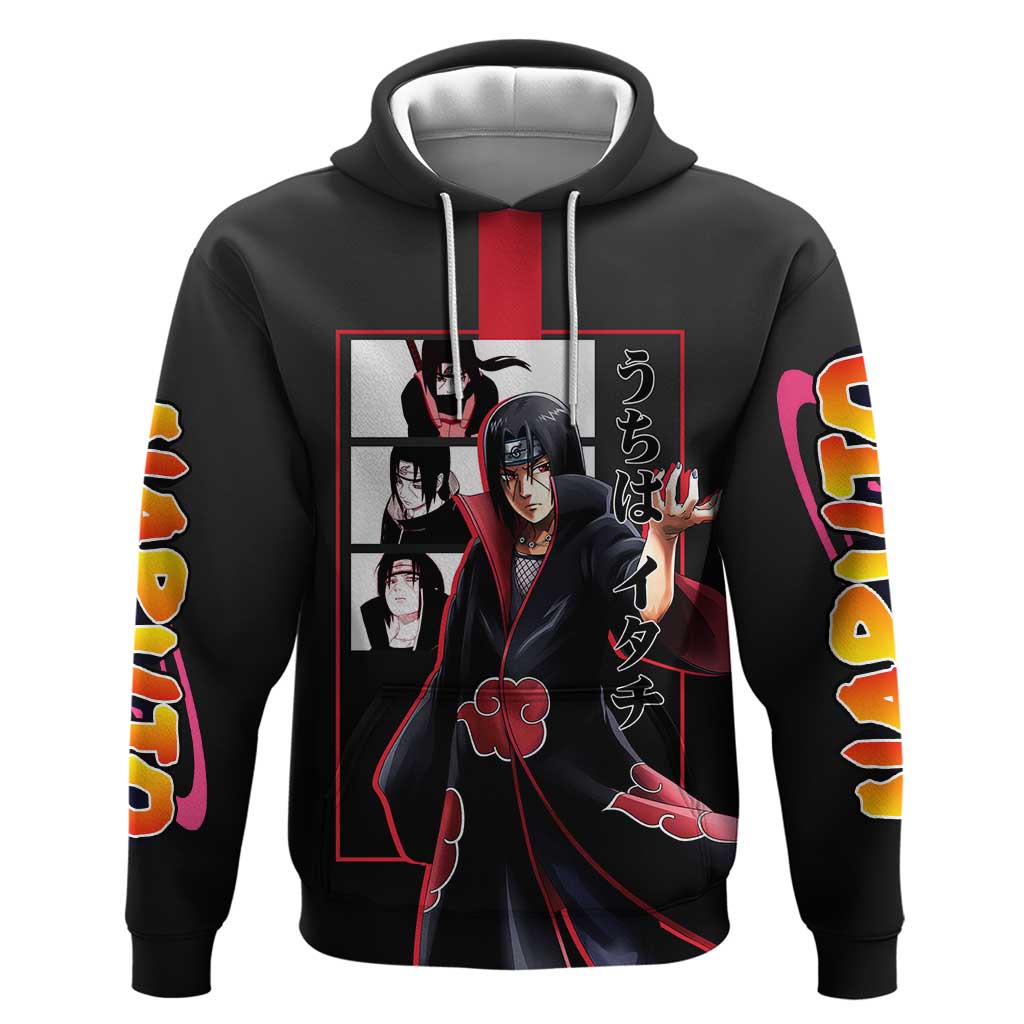 Itachi Uchiha Naruto Hoodie with Sharingan Eyes and Mysterious Ninja Pose Design - The Mazicc