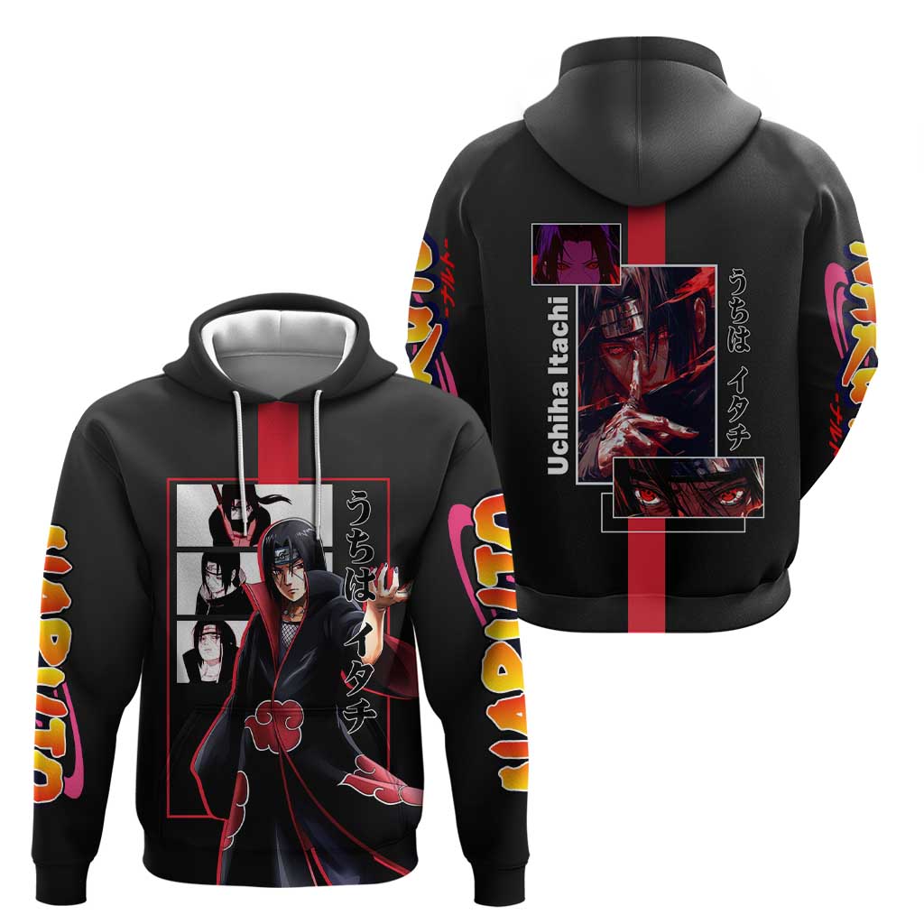 Itachi Uchiha Naruto Hoodie with Sharingan Eyes and Mysterious Ninja Pose Design - The Mazicc