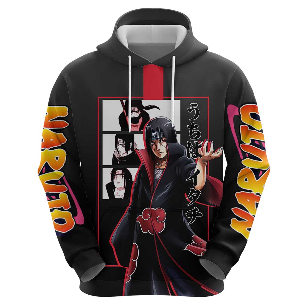 Itachi Uchiha Naruto Hoodie with Sharingan Eyes and Mysterious Ninja Pose Design - The Mazicc
