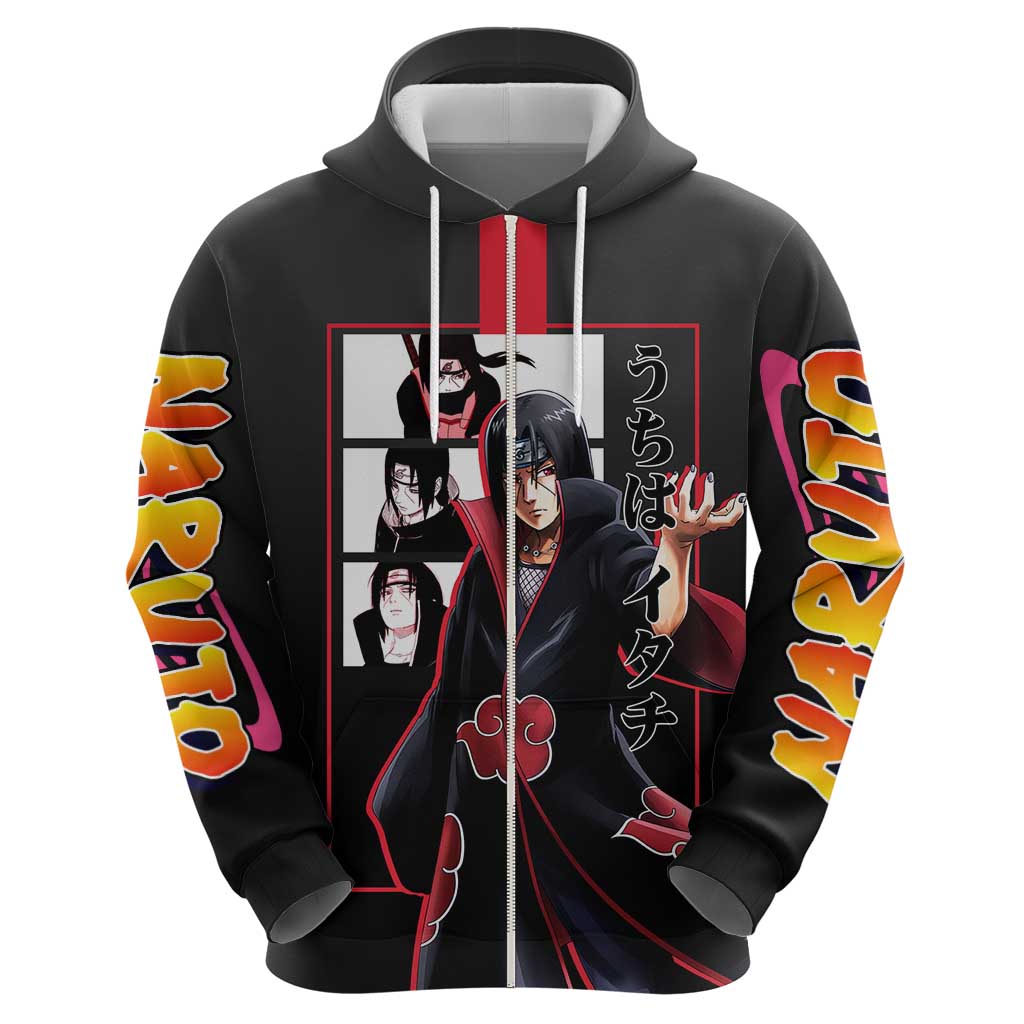 Itachi Uchiha Naruto Hoodie with Sharingan Eyes and Mysterious Ninja Pose Design - The Mazicc