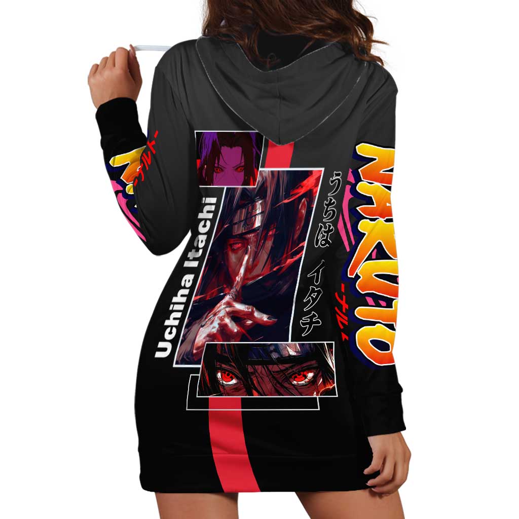 Itachi Uchiha Naruto Hoodie Dress with Sharingan Eyes and Mysterious Ninja Pose Design - The Mazicc