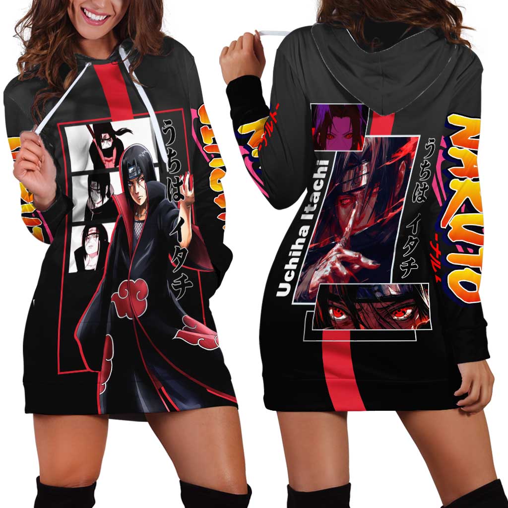 Itachi Uchiha Naruto Hoodie Dress with Sharingan Eyes and Mysterious Ninja Pose Design - The Mazicc