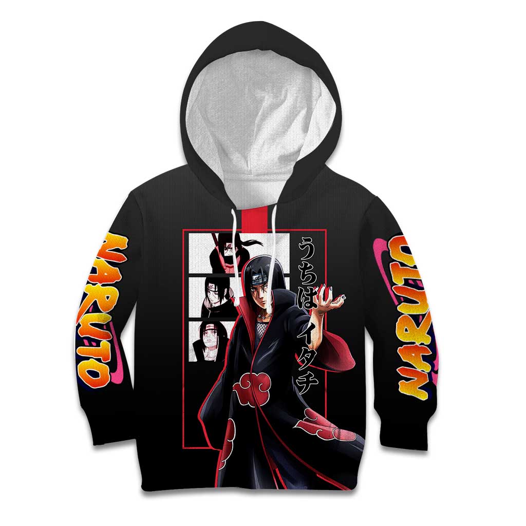Itachi Uchiha Naruto Kid Hoodie with Sharingan Eyes and Mysterious Ninja Pose Design - The Mazicc