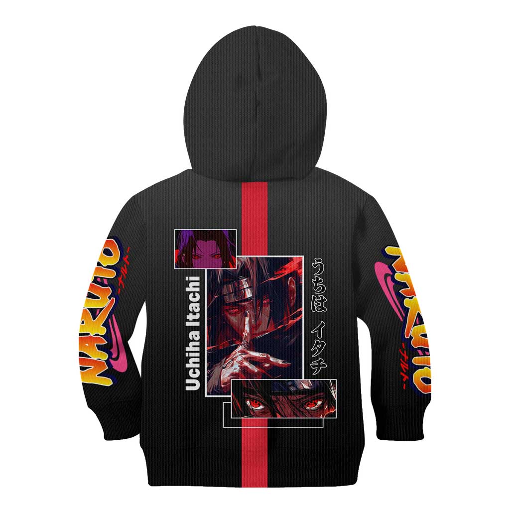 Itachi Uchiha Naruto Kid Hoodie with Sharingan Eyes and Mysterious Ninja Pose Design - The Mazicc
